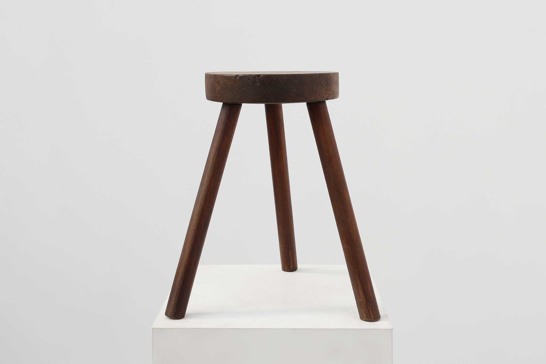 Rustic oak wooden tripod stool, France, ca. 1900thumbnail